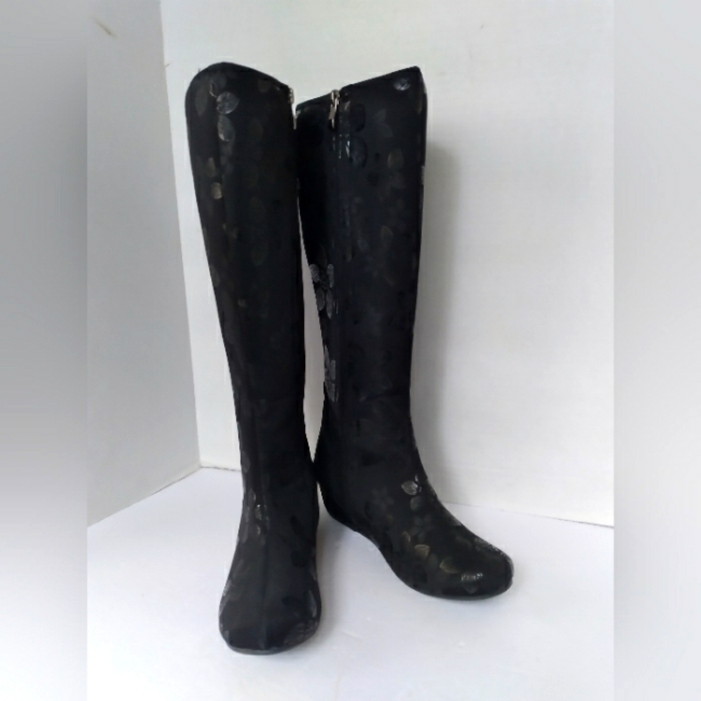 Floral Knee High‎ Boots Black Patterned Tall Fashion Boots